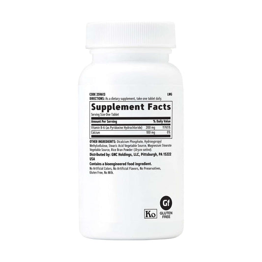 Close up of GNC Vitamin B6 100 vegetarian tablets bottle label