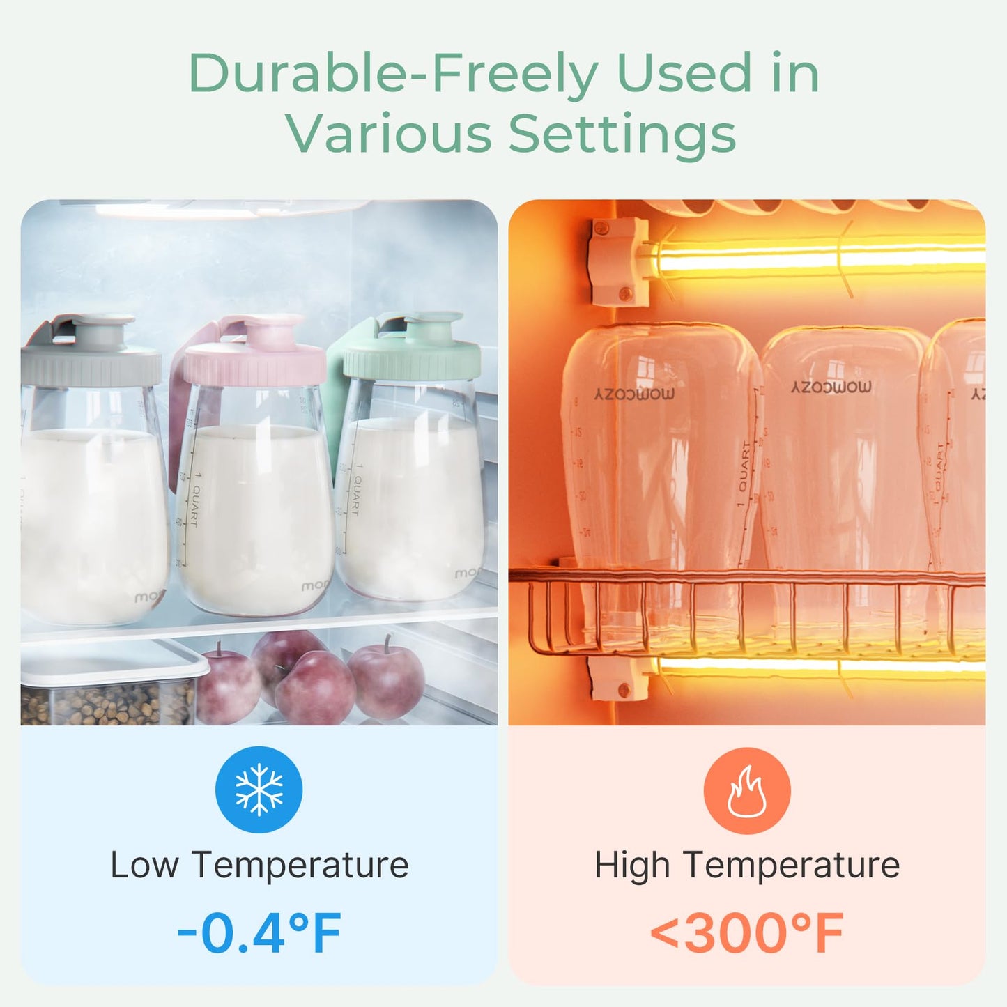 Momcozy leak-proof pitcher for breast milk fridge storage