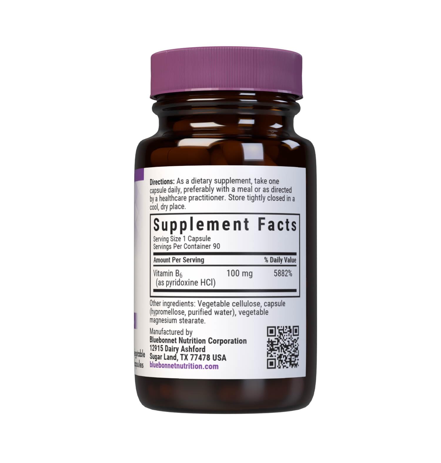 Bluebonnet Vitamin B6 100mg supplement facts label with ingredient details