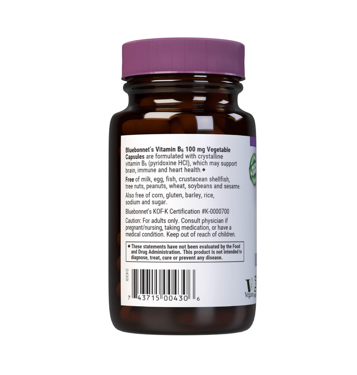 Side profile of Bluebonnet Nutrition Vitamin B6 showing amber glass packaging