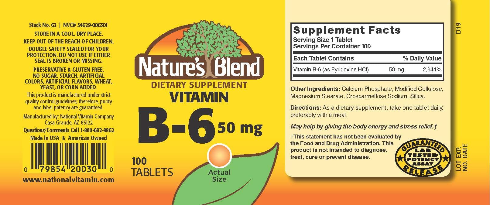 Imported USA dietary supplement Nature's Blend Pyridoxine B6 100 tablets label details