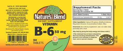 Imported USA dietary supplement Nature's Blend Pyridoxine B6 100 tablets label details
