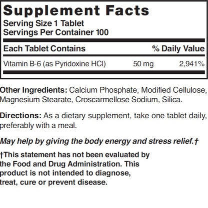 Premium Vitamin B6 50mg tablets by Nature's Blend for nervous system health