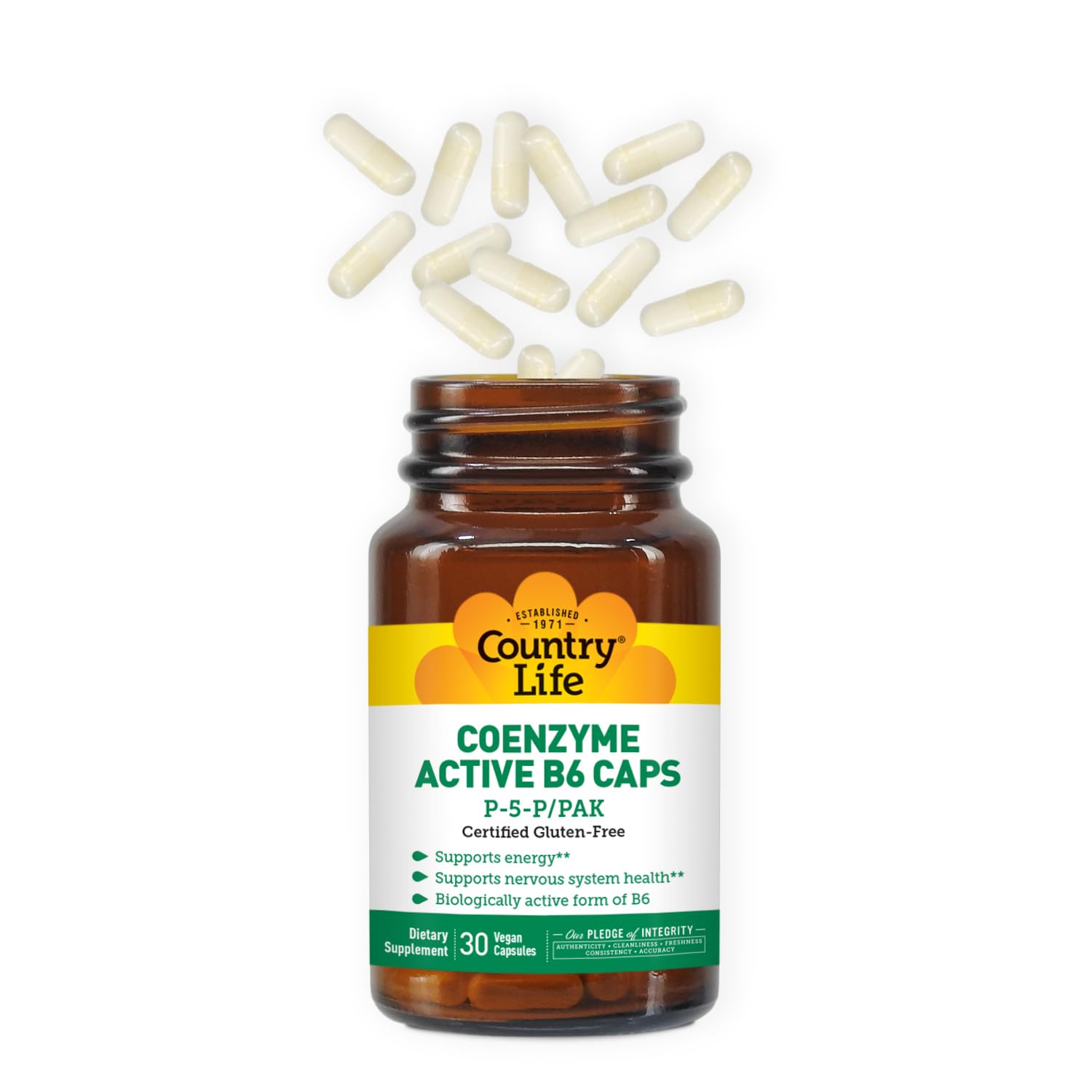 Bioavailable P5P Vitamin B6 supplement by Country Life showing clean ingredient label facts.