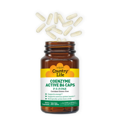 Bioavailable P5P Vitamin B6 supplement by Country Life showing clean ingredient label facts.