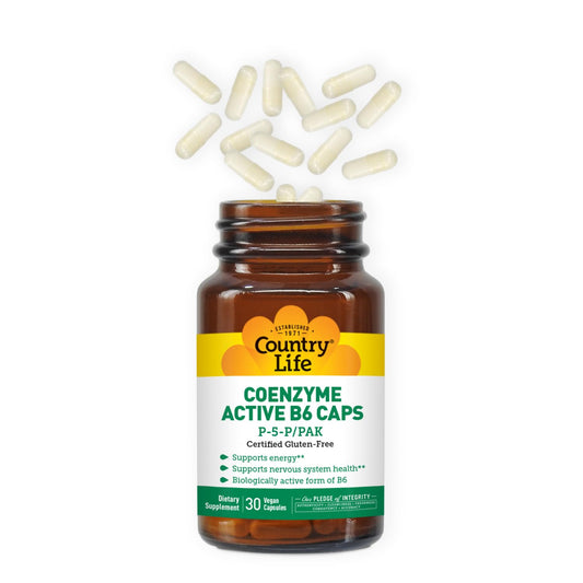 Bioavailable P5P Vitamin B6 supplement by Country Life showing clean ingredient label facts.