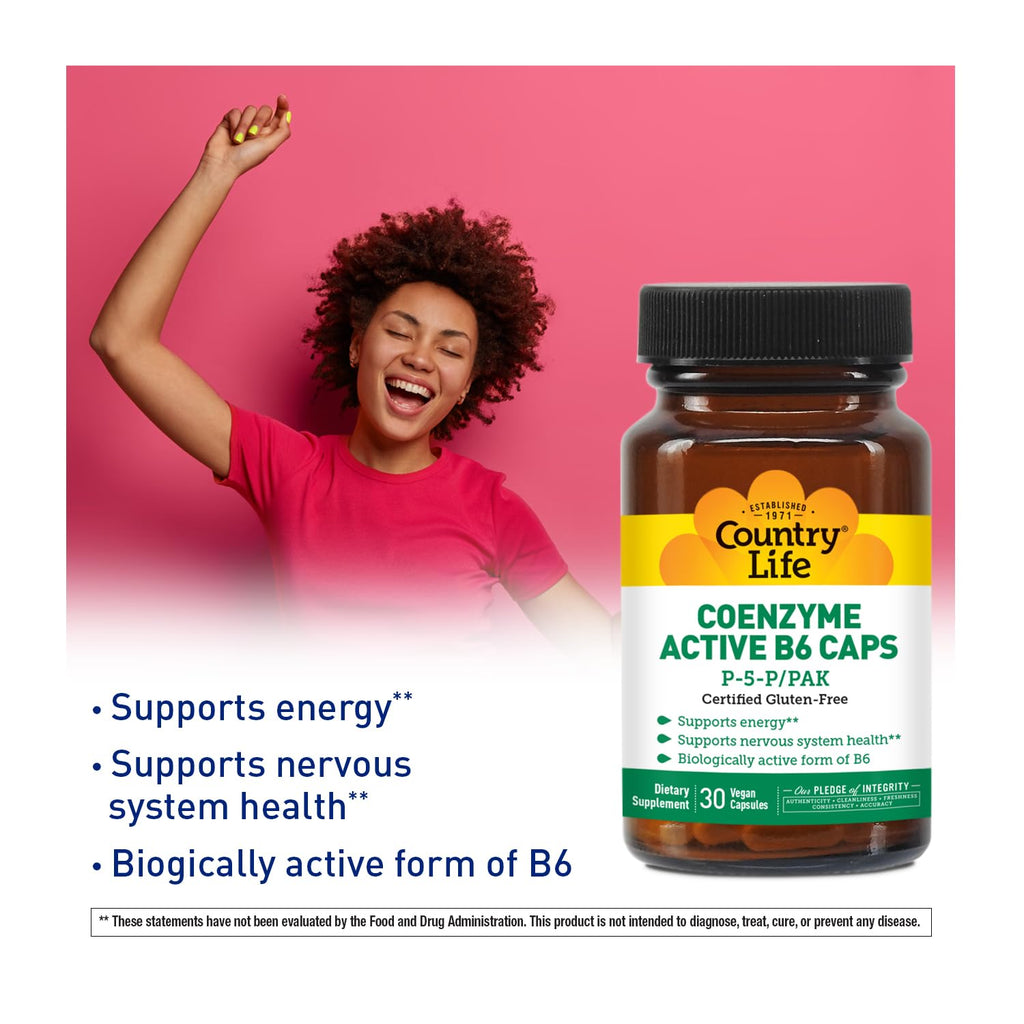 Authentic imported Country Life Vitamin B6 50mg packaging for nervous system health benefits.