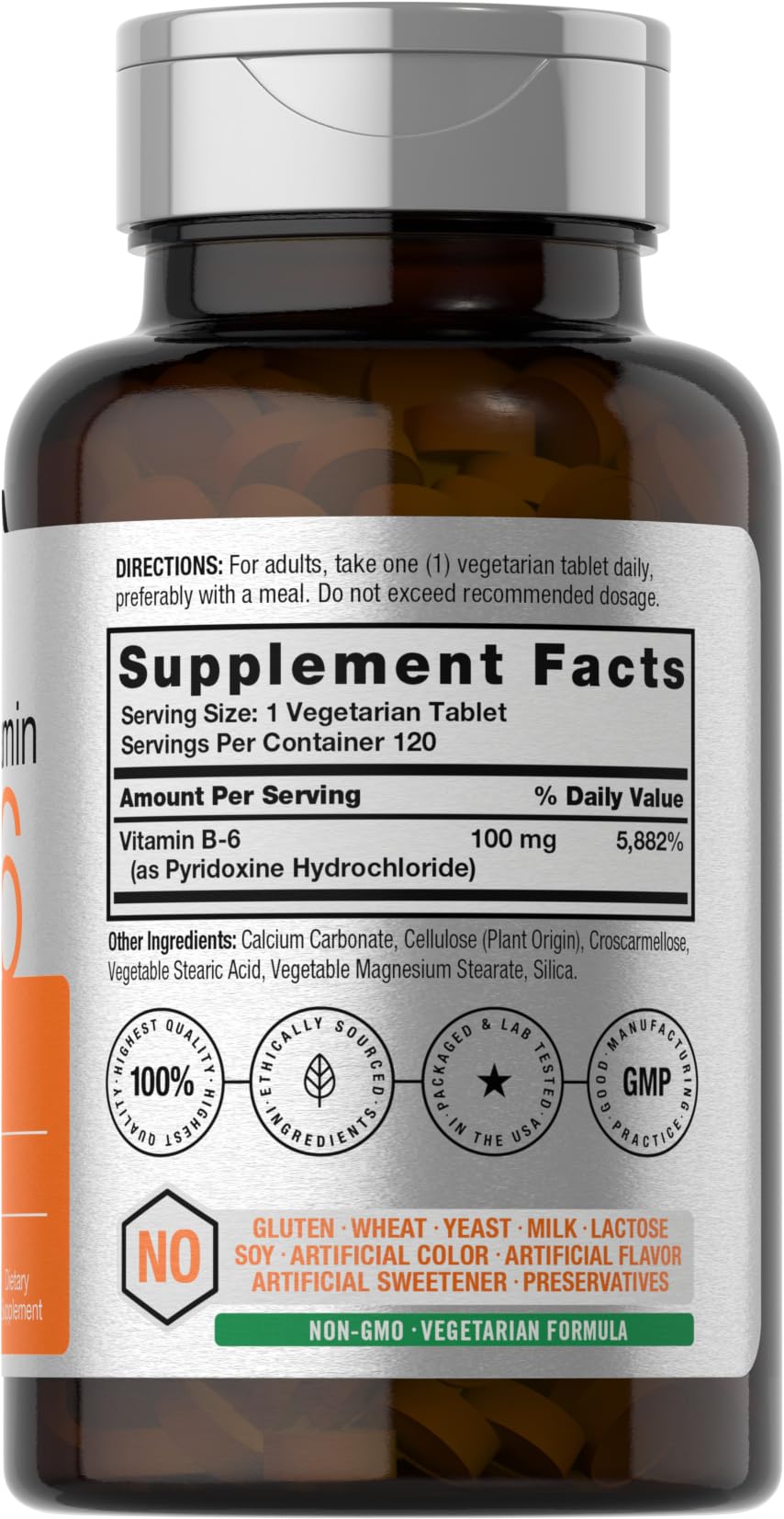 Close up of Horbaach Vitamin B6 supplement label details
