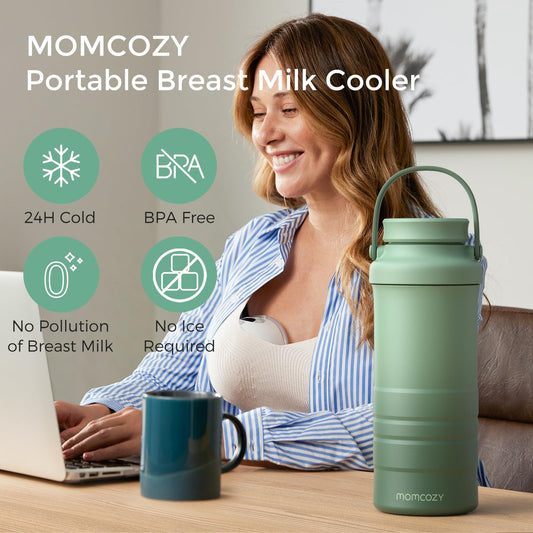 Momcozy breastmilk chiller opened to reveal the central freezing tube and twin baby storage bottles.