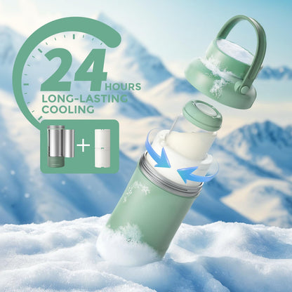 Momcozy outdoor travel milk cooler being placed into a standard car cup holder.