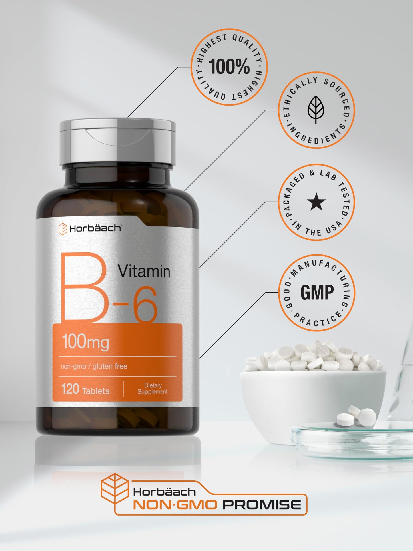 Horbaach B6 supplement bottle with health icons