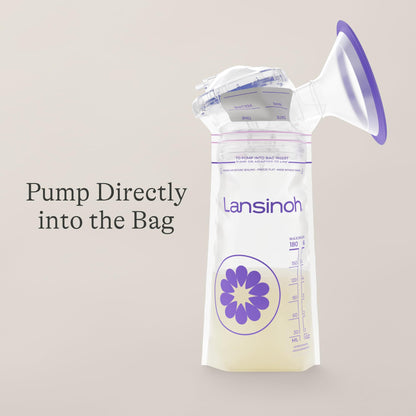 Nursing mother using Lansinoh breastmilk bags