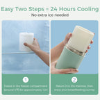 Momcozy twenty two ounce breast milk container showing the 360 degree surround cooling mechanics diagram.