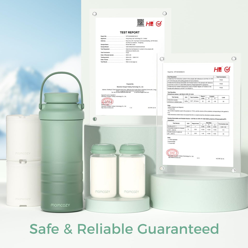 An elegant lifestyle shot of the Momcozy green travel flask standing on a table during a day trip.