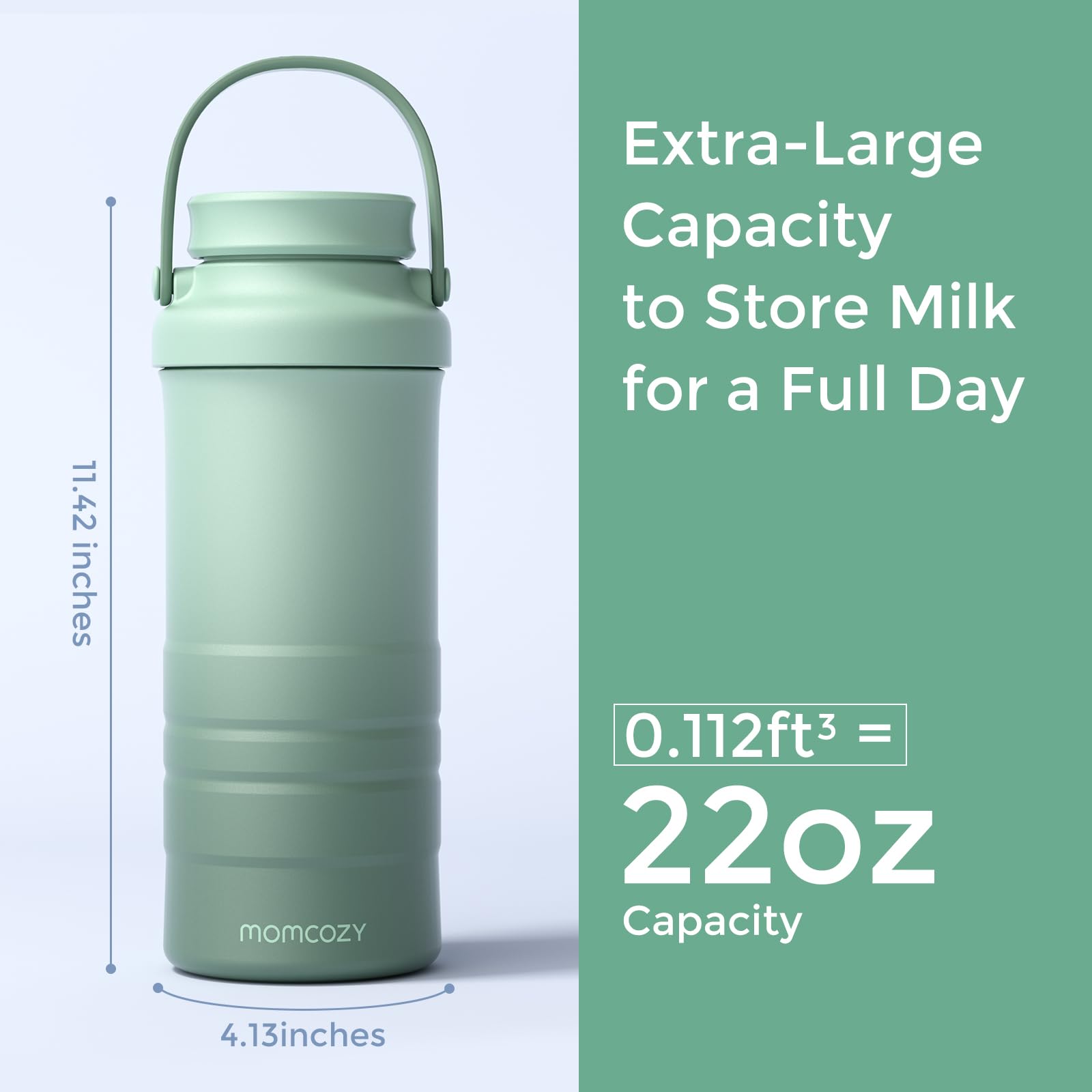 The complete components of the Momcozy portable milk storage system including the flask body, frozen core, and bottles.