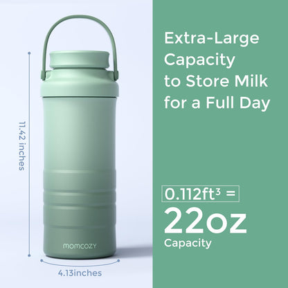The complete components of the Momcozy portable milk storage system including the flask body, frozen core, and bottles.