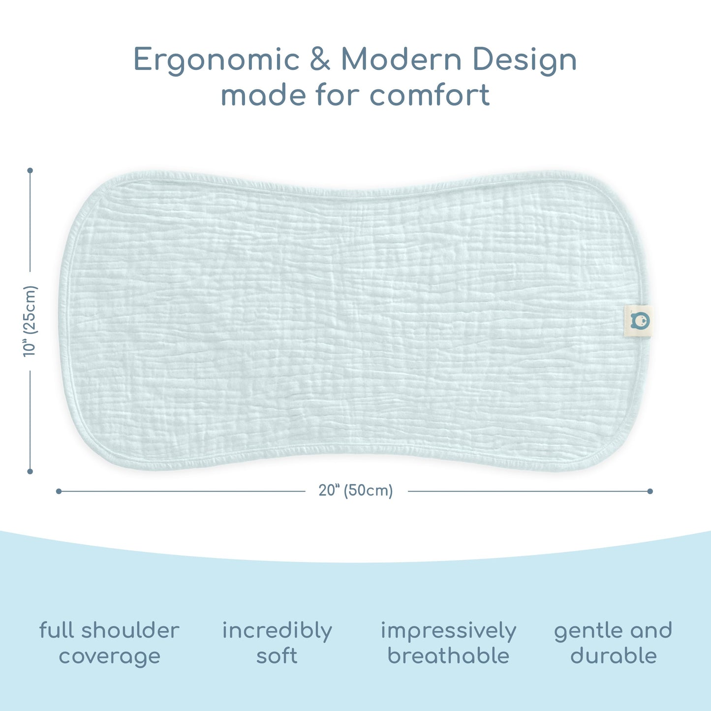 Close up view of the reinforced stitched edges and multi layer structure of the ROMY RO baby washcloth.