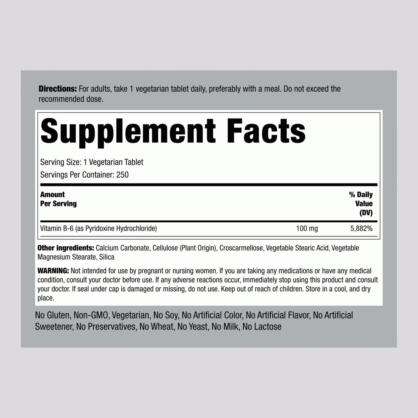 Piping Rock Vitamin B6 supplement label showing 100mg dosage