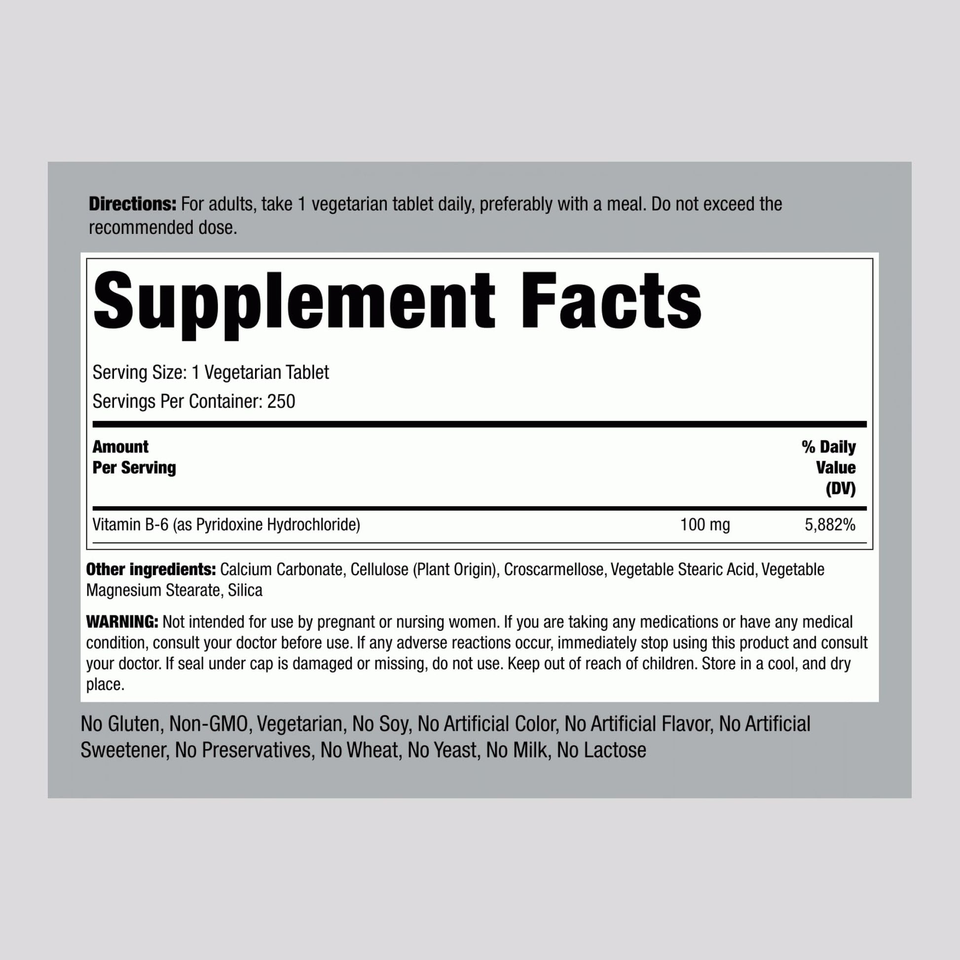 Piping Rock Vitamin B6 supplement label showing 100mg dosage