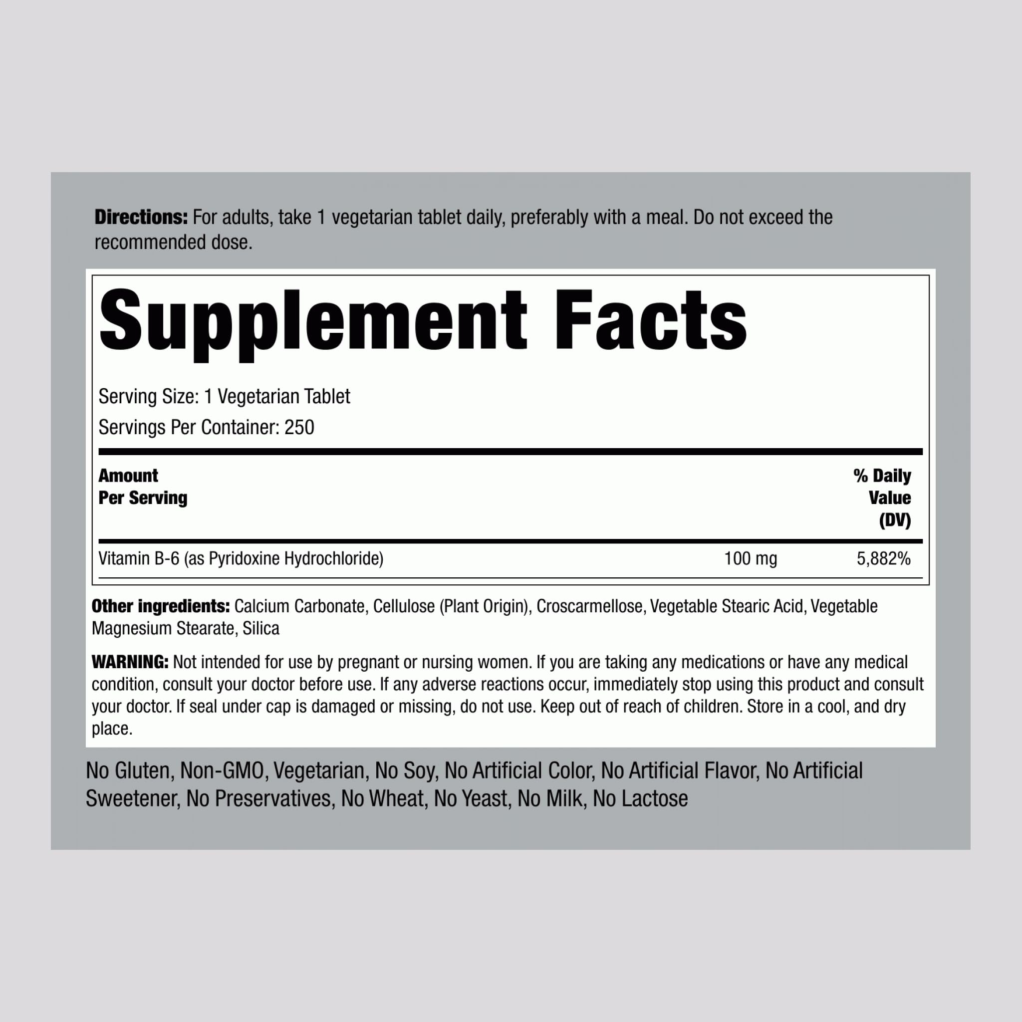 Piping Rock Vitamin B6 supplement label showing 100mg dosage