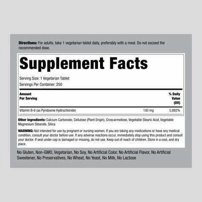 Piping Rock Vitamin B6 supplement label showing 100mg dosage