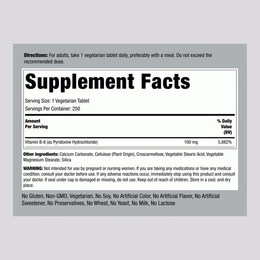 Piping Rock Vitamin B6 supplement label showing 100mg dosage
