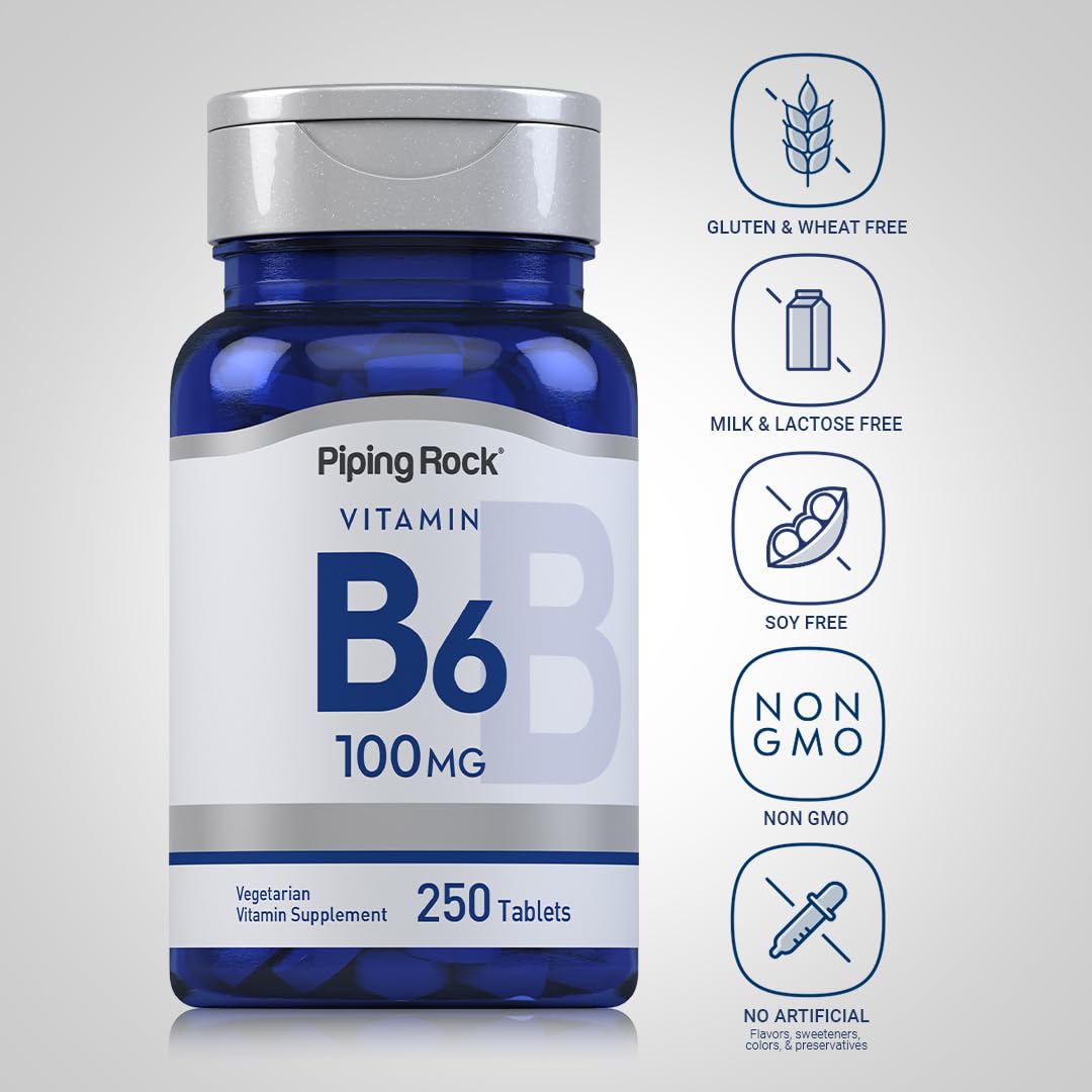 Close up of Piping Rock B6 vegetarian tablets supplement facts
