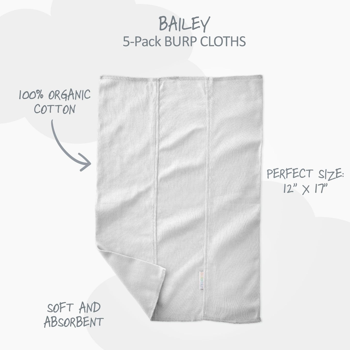 Five pieces of white baby burp cloths neatly folded highlighting the GOTS-certified knit weave.