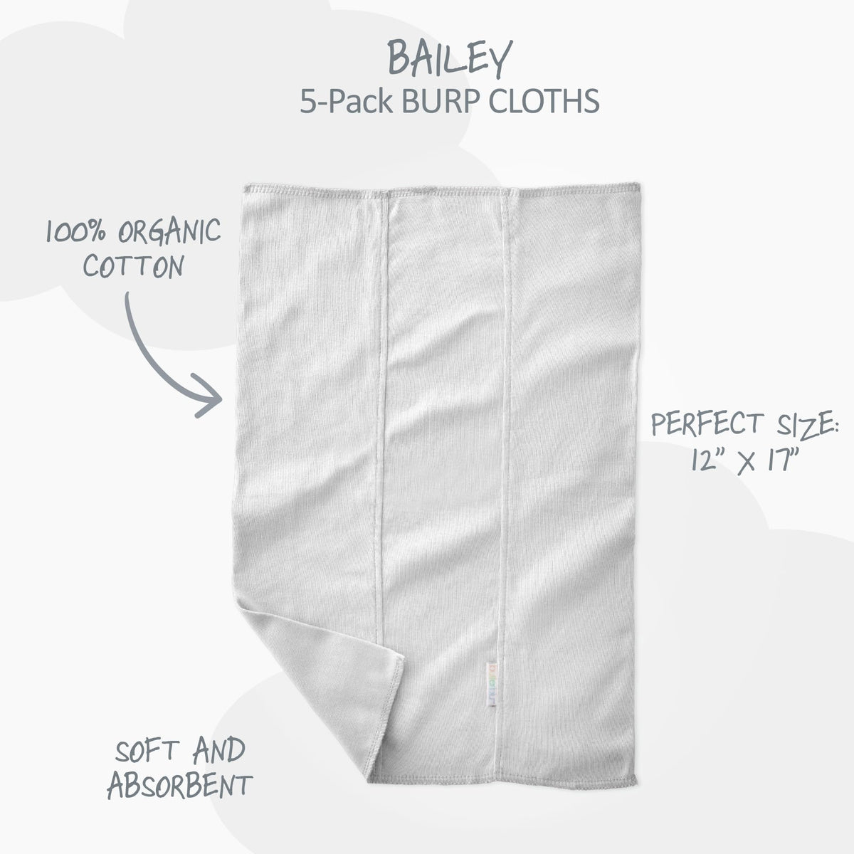 Five pieces of white baby burp cloths neatly folded highlighting the GOTS-certified knit weave.
