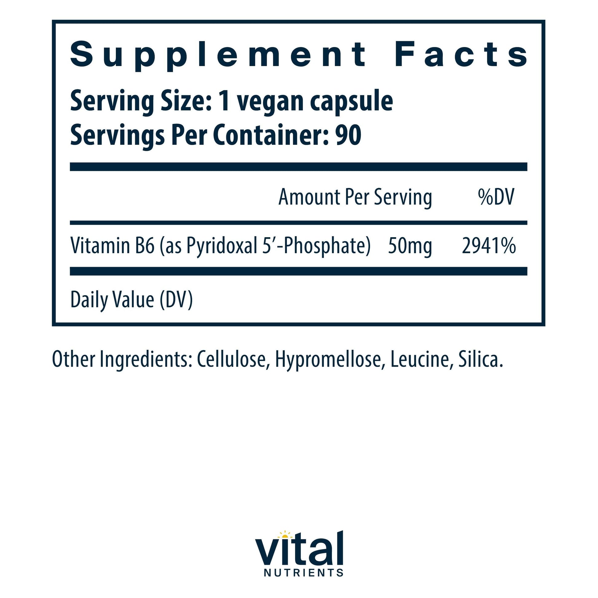 Vital Nutrients Activated Vitamin B6 90 vegetarian capsules supplement facts side panel