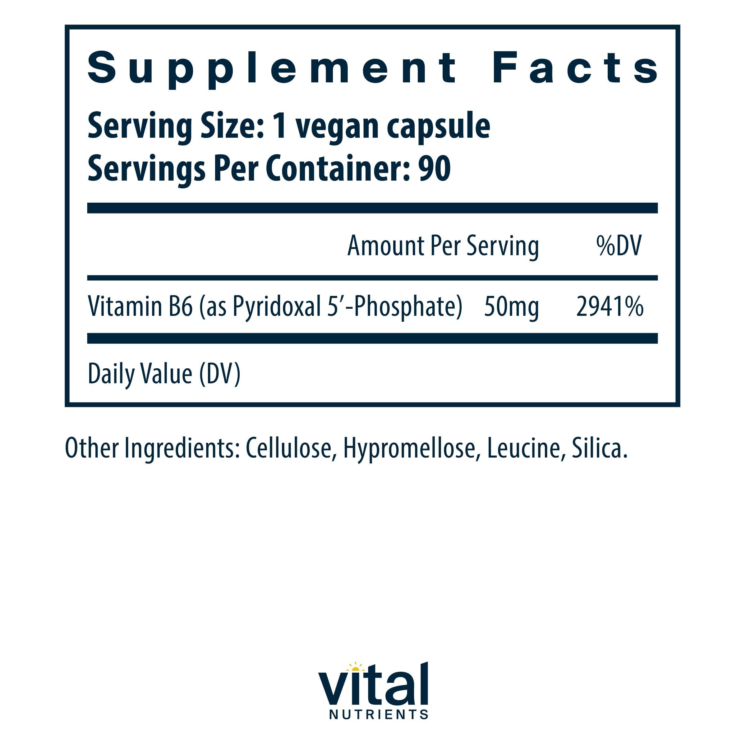 Vital Nutrients Activated Vitamin B6 90 vegetarian capsules supplement facts side panel