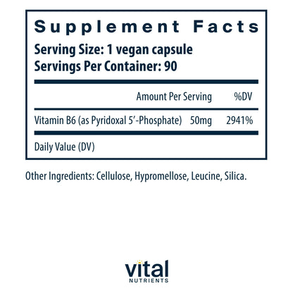 Vital Nutrients Activated Vitamin B6 90 vegetarian capsules supplement facts side panel