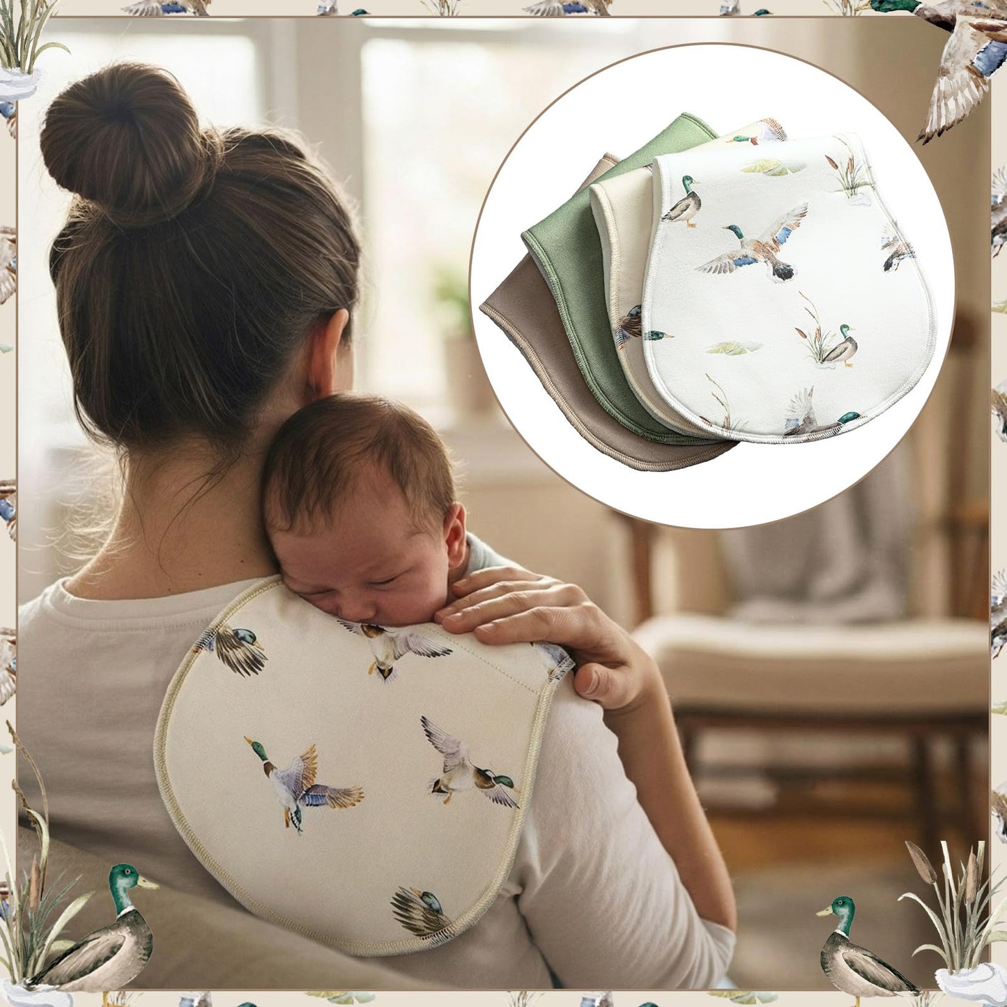 Boao duck theme baby burp clothes draped over a shoulder demonstrating the curved design.