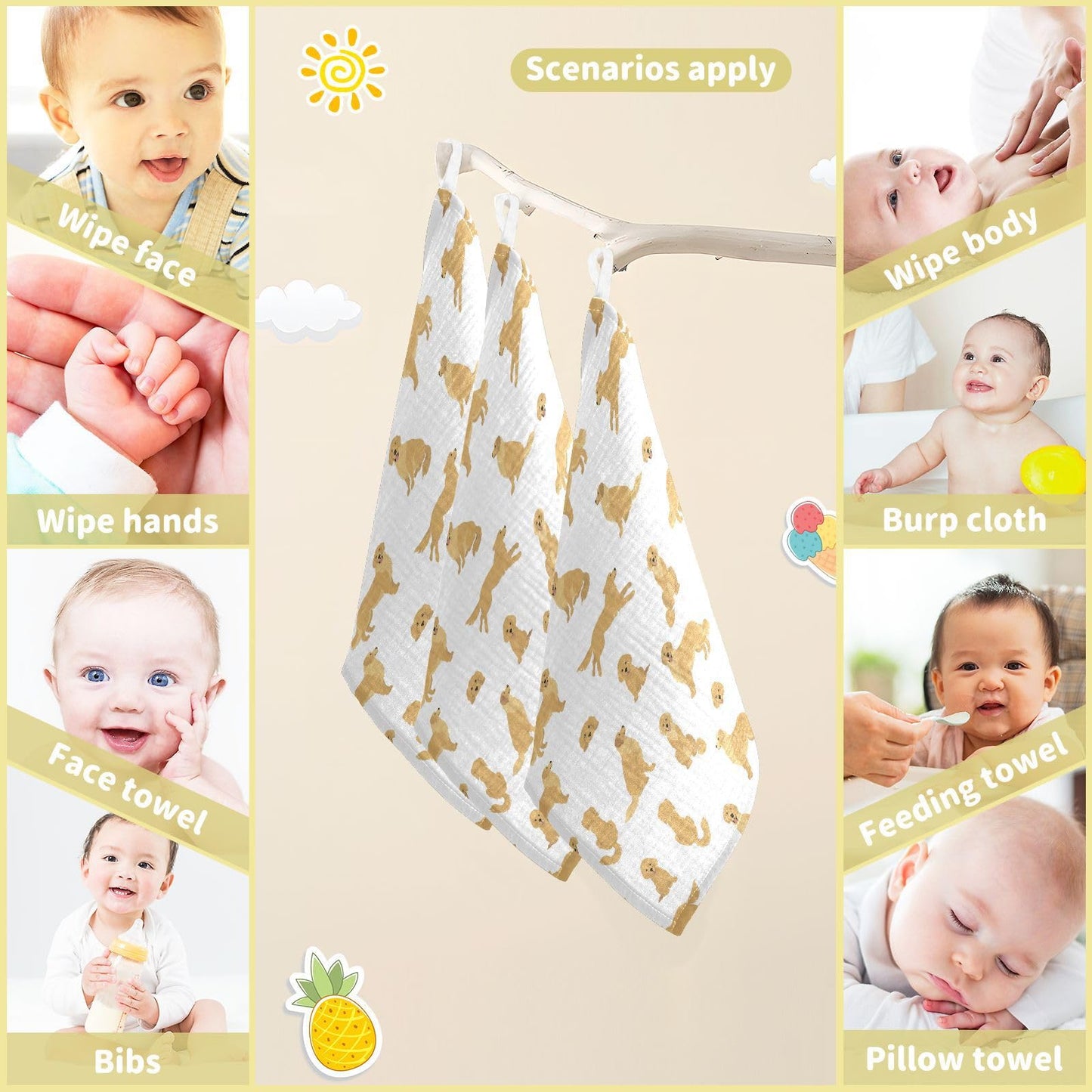 Stack of five vvfelixl baby washcloths with golden retriever pattern