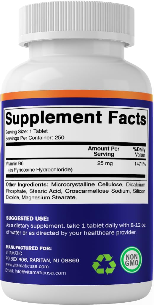 Vitamatic Vitamin B6 bottle next to water glass
