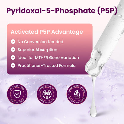 Close up of Soltrients Vitamin B6 P5P dropper bottle