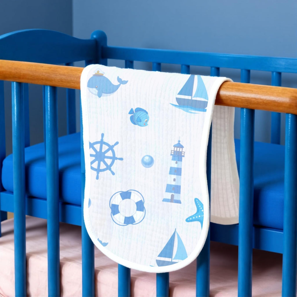 Close up view of the thick six layer absorbent cotton fabric on the ocean pattern burp cloth