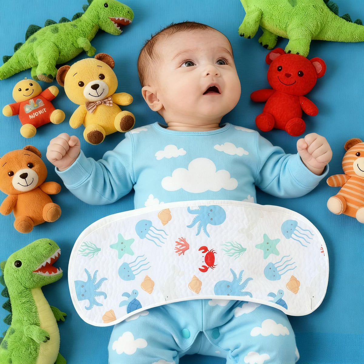 Six pack premium blue cotton baby burping clothes spread out to show all sea creature patterns