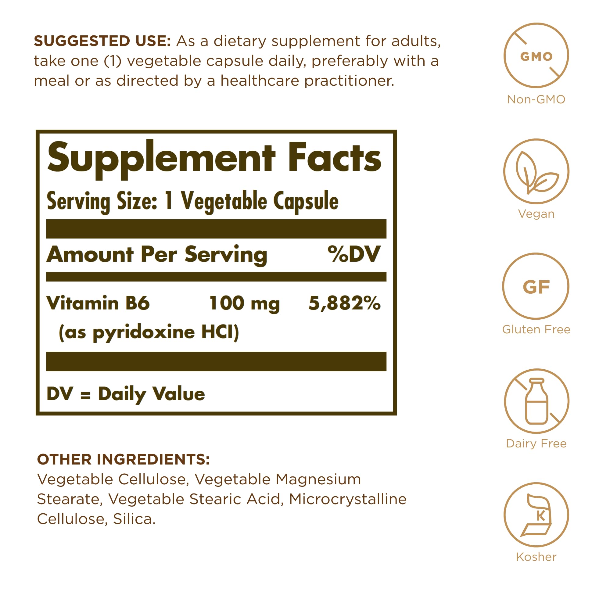 Solgar B6 100mg 100 vegetable capsules ingredient label details