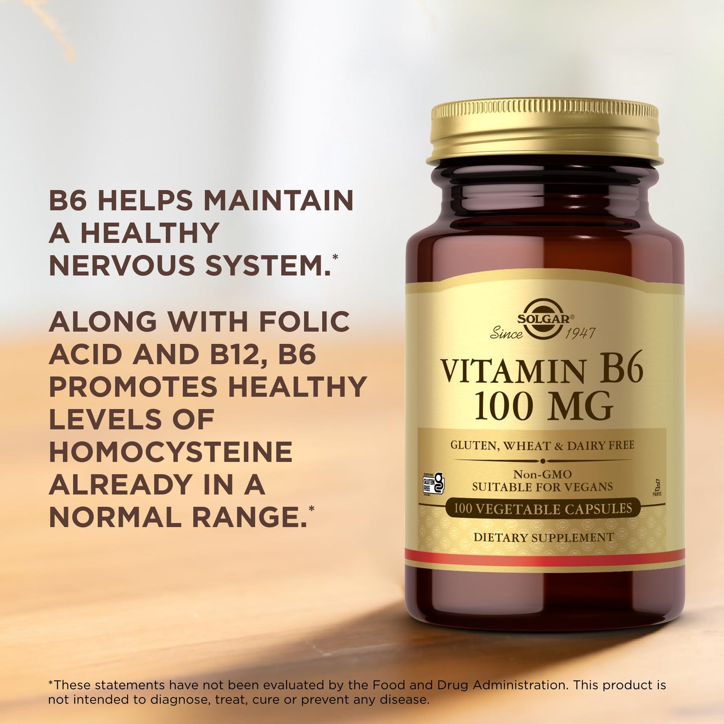 Authentic Solgar Vitamin B6 premium dark amber glass bottle packaging