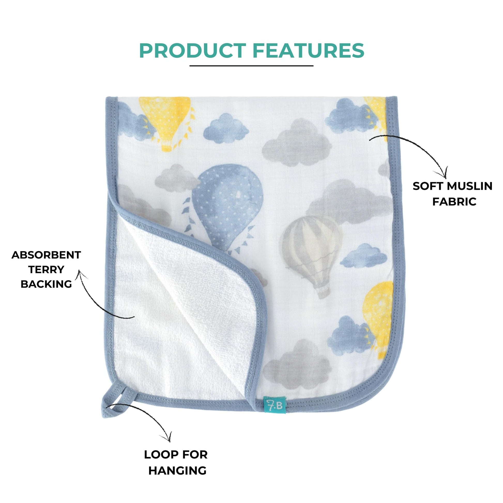 Featherhead baby burp cloths in blue and yellow balloon print