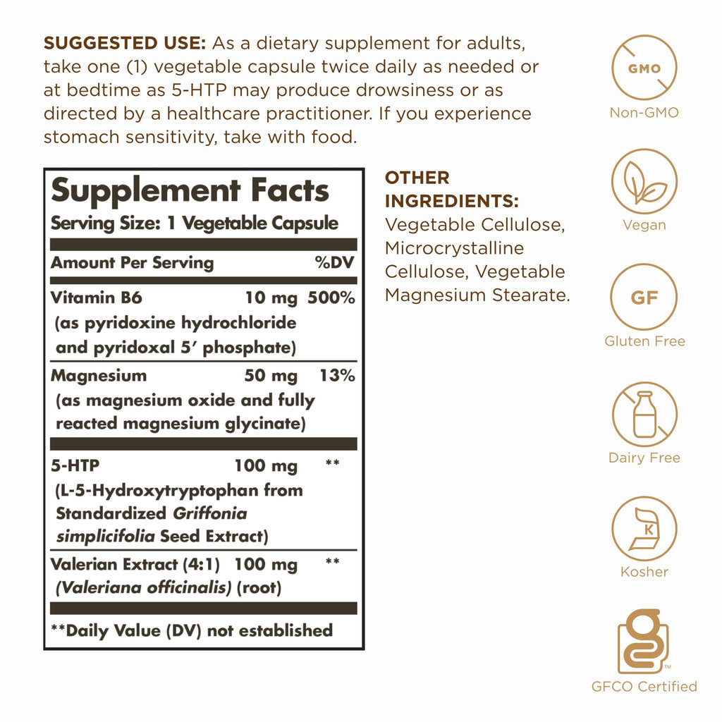 Solgar 5-HTP supplement label showing 100mg dosage