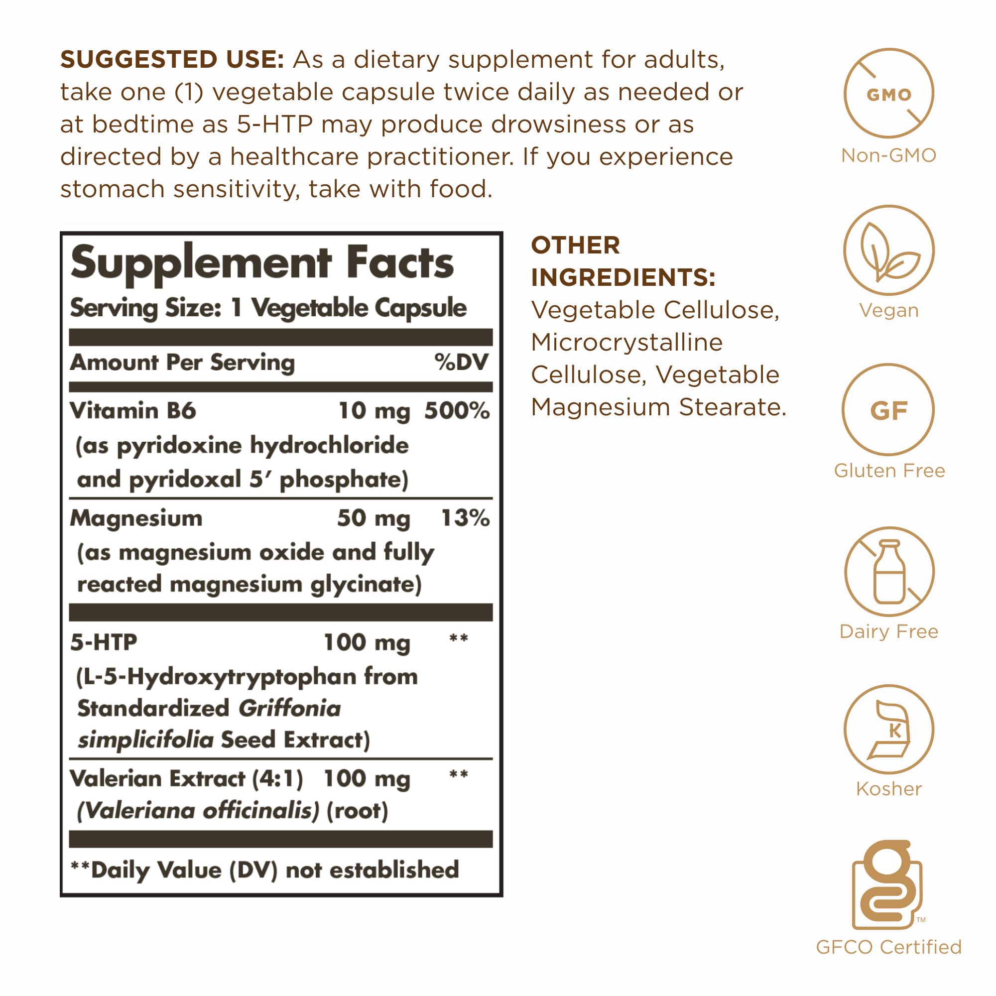 Solgar 5-HTP supplement label showing 100mg dosage
