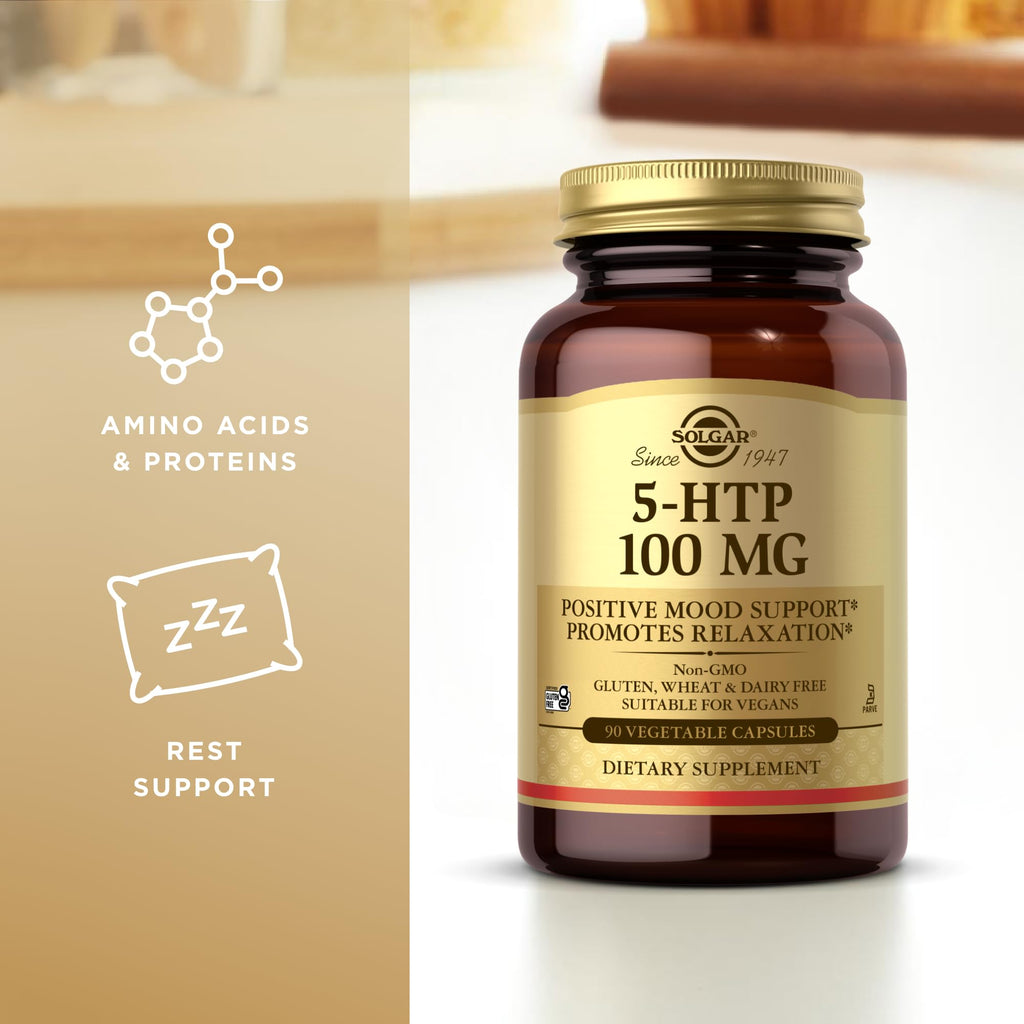 Solgar 5-HTP vegan and non-GMO certification icons on bottle