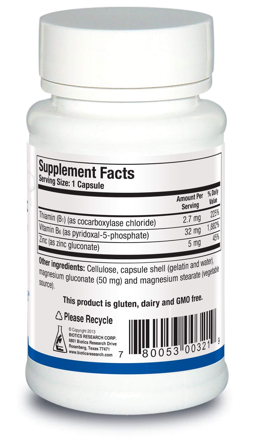 Biotics Research B6 B1 Plus Zinc 90 capsules label details
