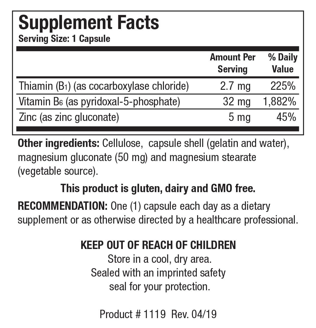 Back of bottle showing B6 B1 Plus Zinc supplement facts