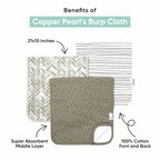 Three pack Copper Pearl burp cloths folded showing pattern