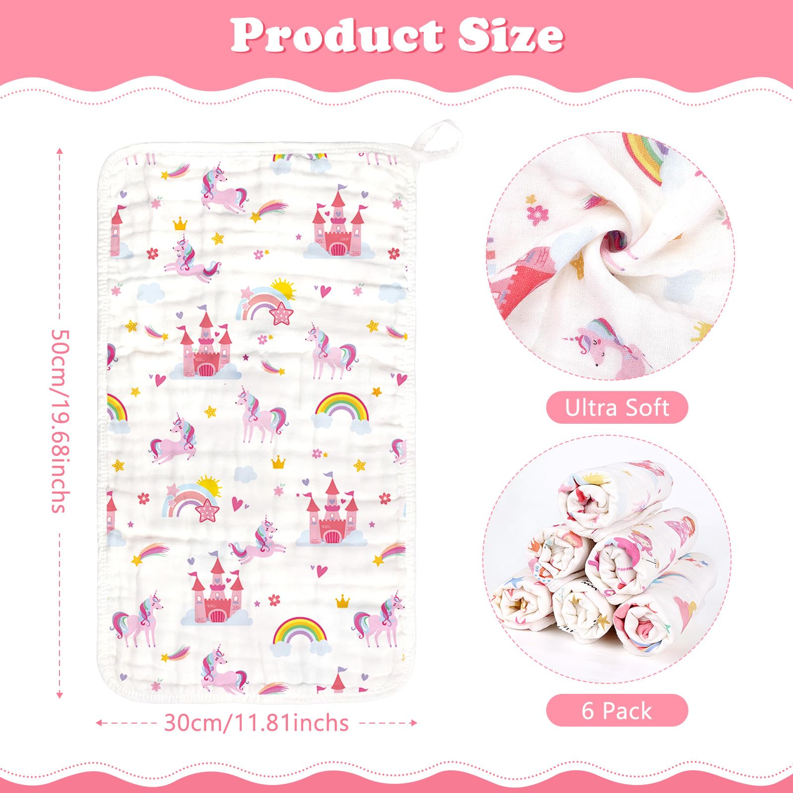 Decalsweet six layer pure cotton newborn washcloths unfolded showing twenty by twelve inch dimensions.