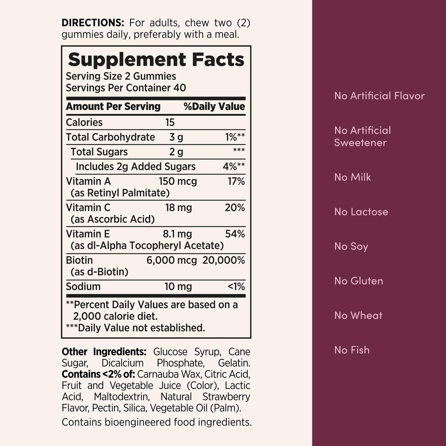 Authentic Nature's Bounty strawberry flavored gummies nutritional facts panel indicating vitamin C and E levels