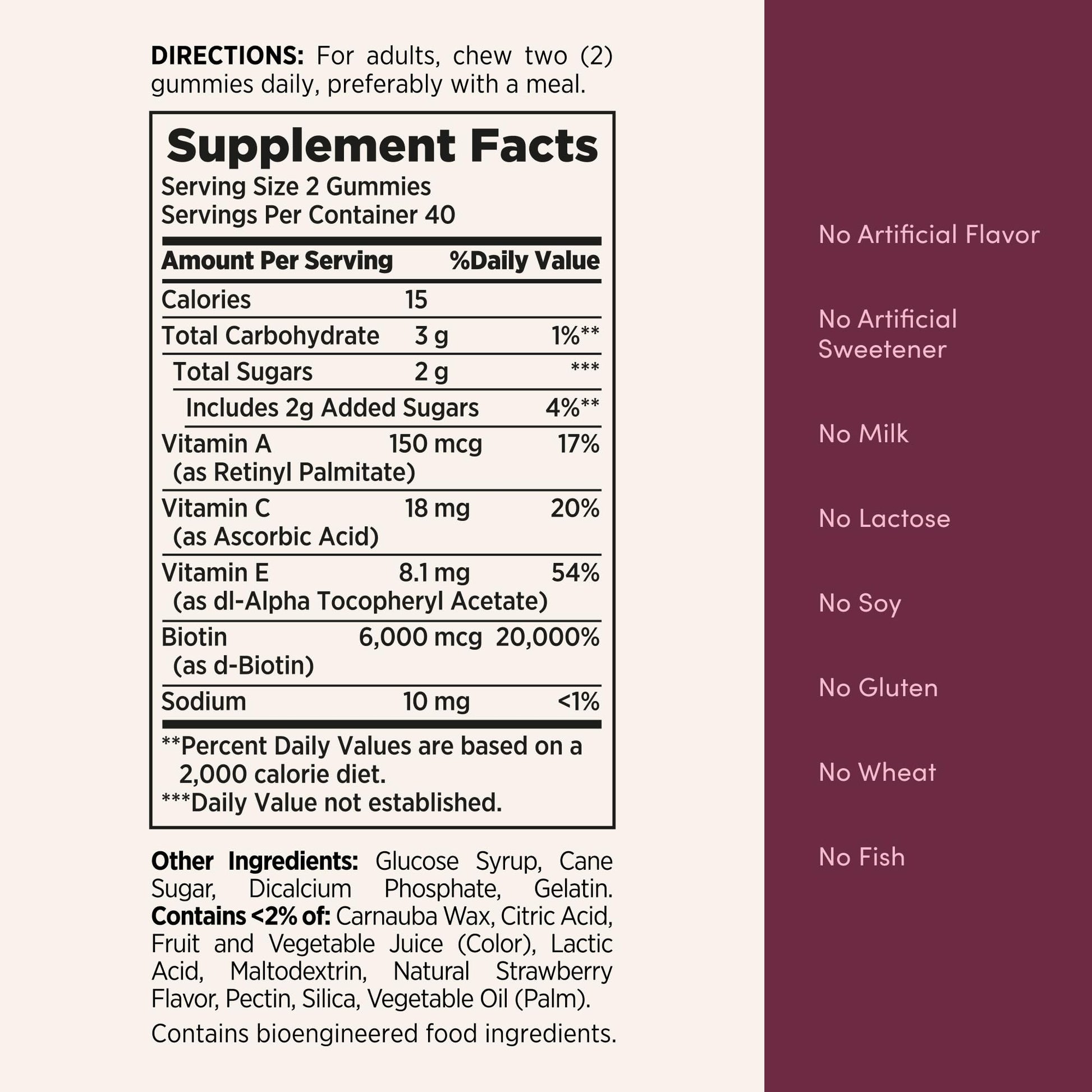 Authentic Nature's Bounty strawberry flavored gummies nutritional facts panel indicating vitamin C and E levels